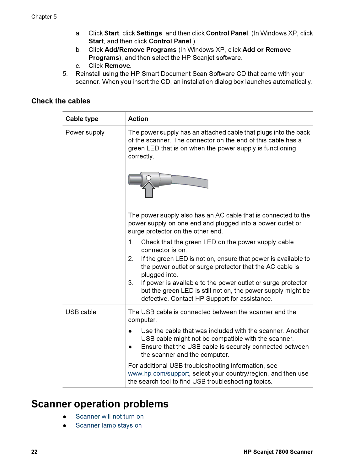 HP 7000 Document manual Scanner operation problems, Check the cables, Cable type, Action 