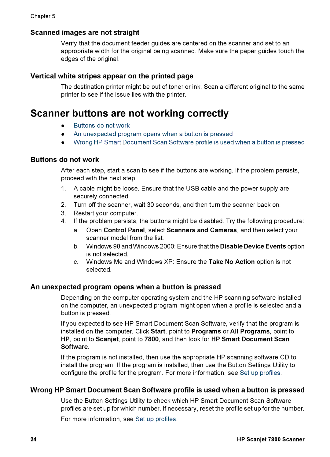 HP 7000 Document manual Scanner buttons are not working correctly, Scanned images are not straight, Buttons do not work 