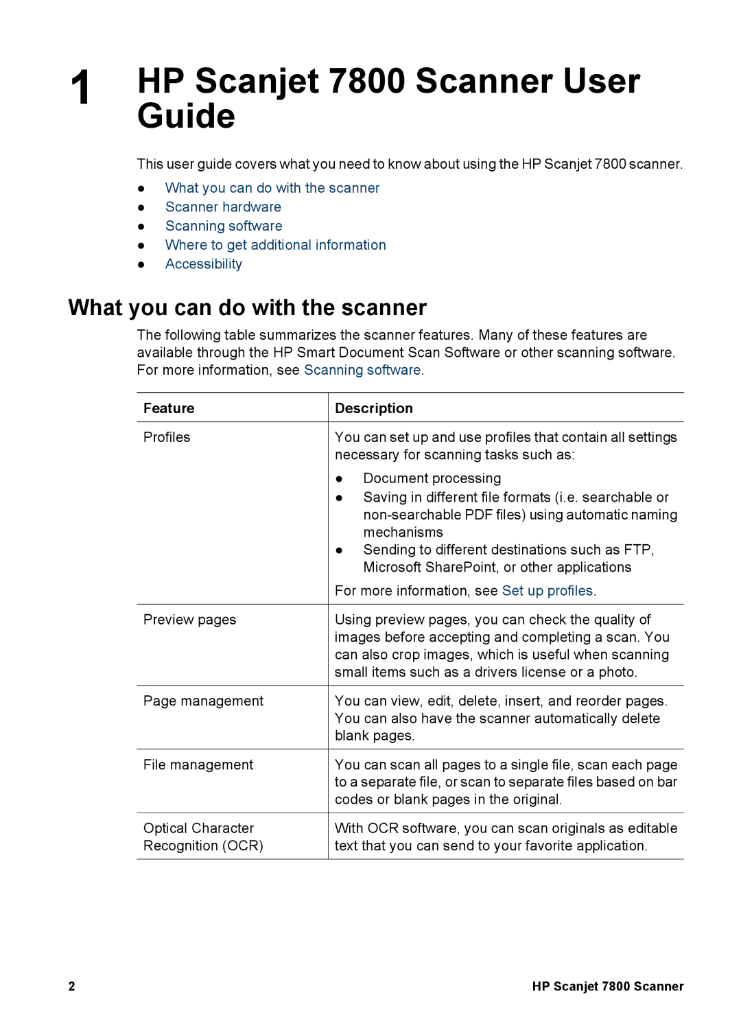 HP 7000 Document manual HP Scanjet 7800 Scanner User, Guide, What you can do with the scanner, Feature, Description 