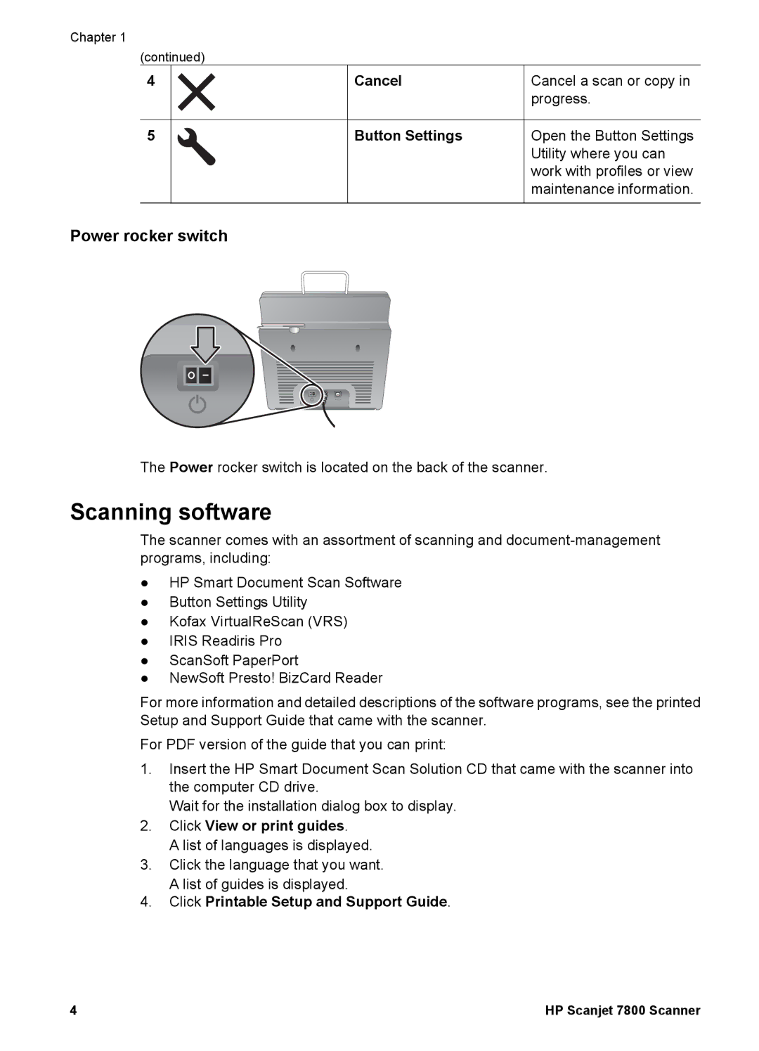 HP 7000 Document manual Scanning software, Power rocker switch, Cancel Button Settings, Click View or print guides 