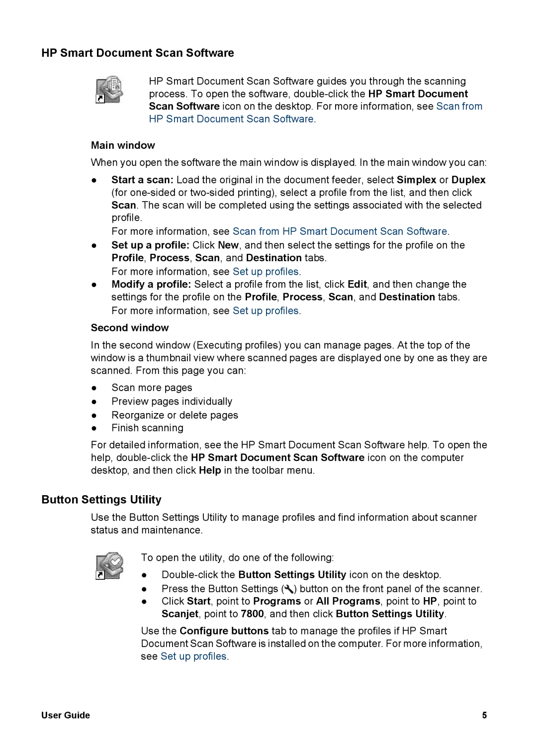 HP 7000 Document manual HP Smart Document Scan Software, Button Settings Utility, Main window, Second window 