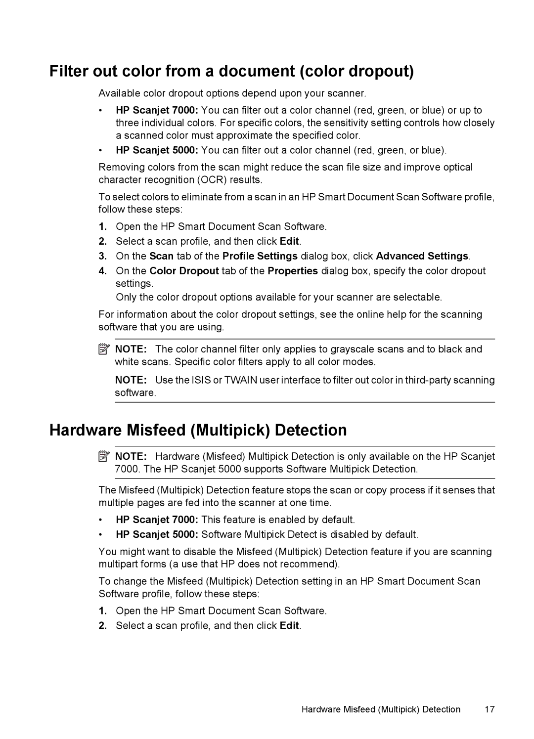 HP 7000 Sheet-feed manual Filter out color from a document color dropout, Hardware Misfeed Multipick Detection 