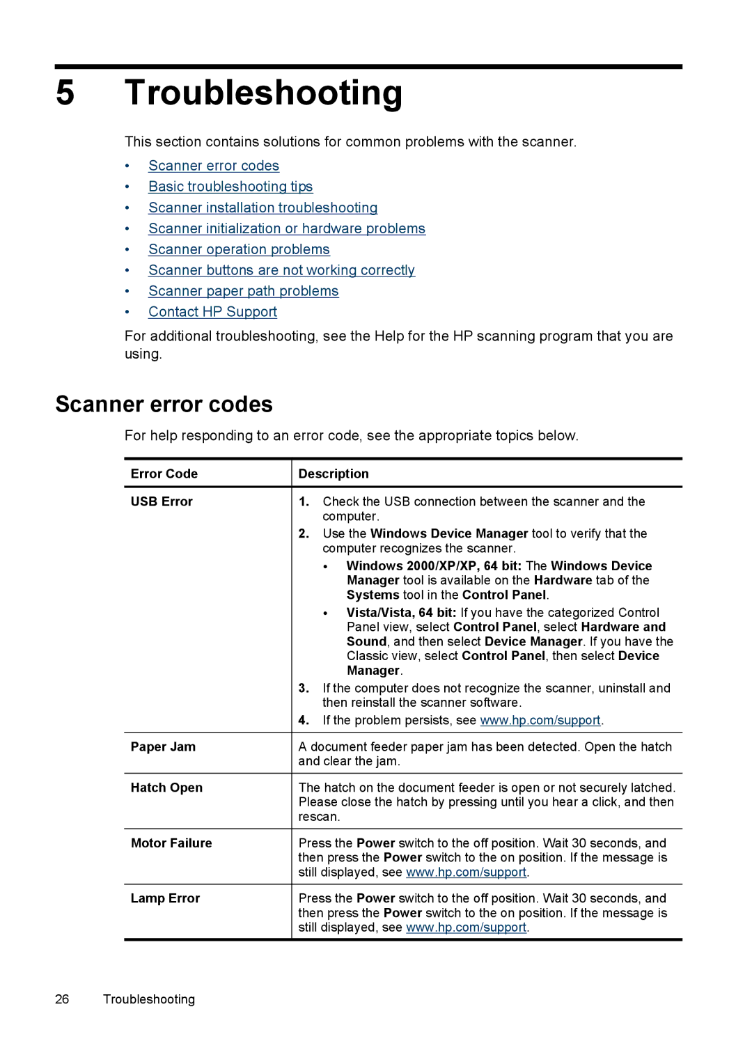 HP 7000 Sheet-feed manual Troubleshooting, Scanner error codes 