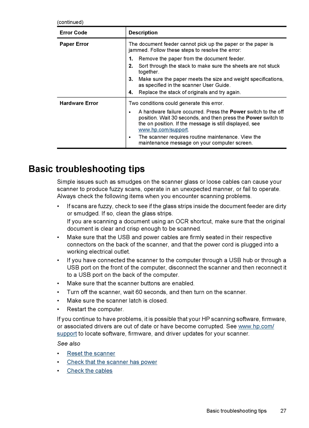 HP 7000 Sheet-feed manual Basic troubleshooting tips, Error Code Paper Error Hardware Error Description 