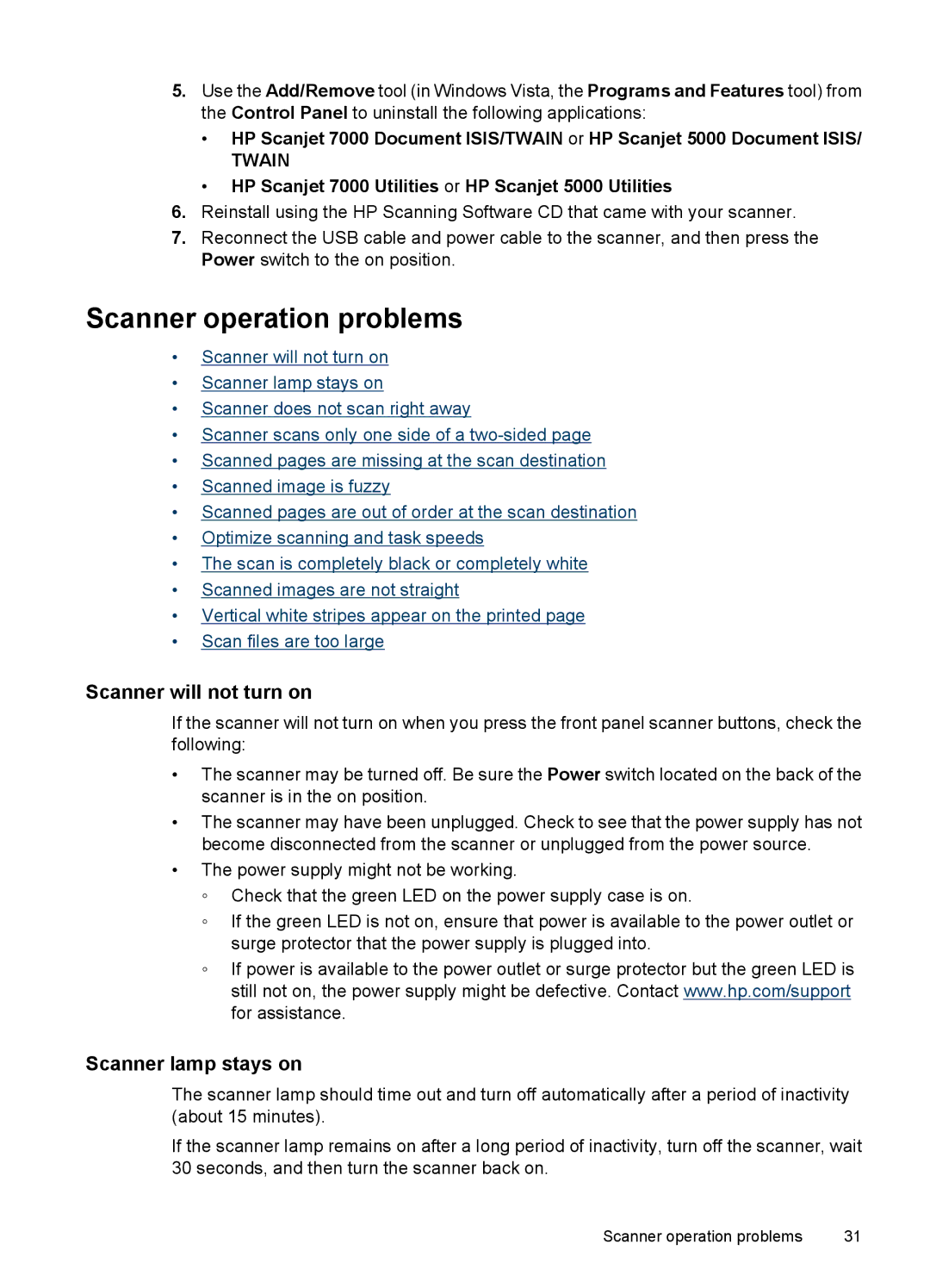 HP 7000 Sheet-feed manual Scanner operation problems, Scanner will not turn on, Scanner lamp stays on 
