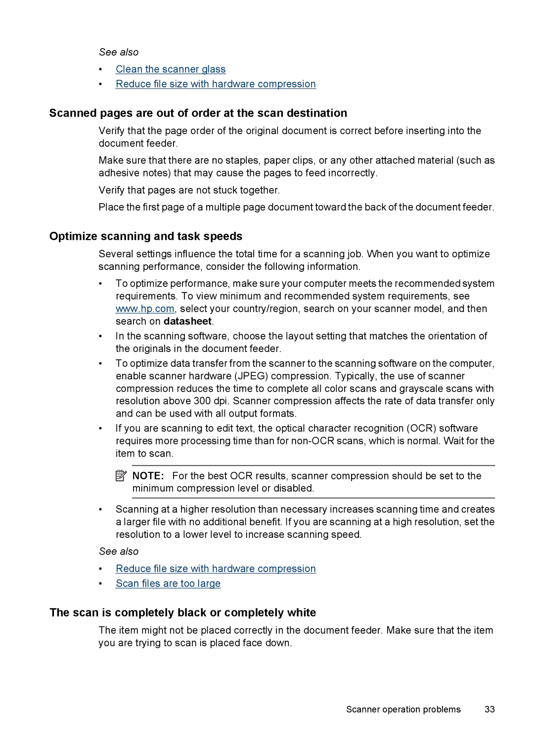 HP 7000 Sheet-feed manual Scanned pages are out of order at the scan destination, Optimize scanning and task speeds 