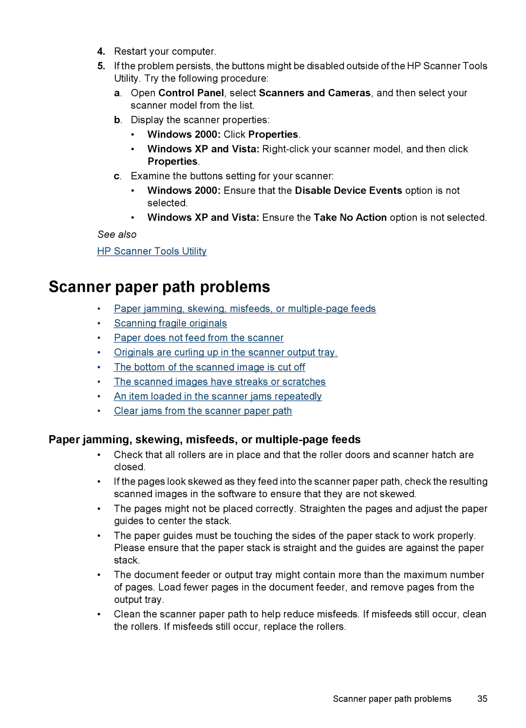 HP 7000 Sheet-feed manual Scanner paper path problems, Paper jamming, skewing, misfeeds, or multiple-page feeds 