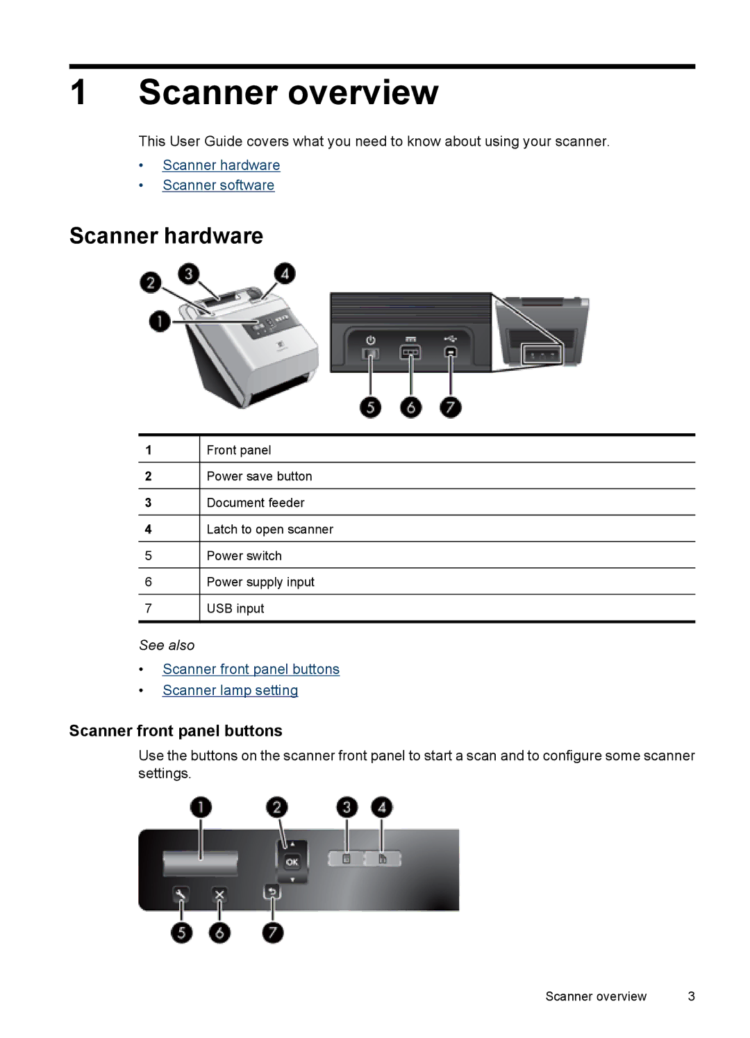 HP 7000 Sheet-feed manual Scanner overview, Scanner hardware, Scanner front panel buttons 