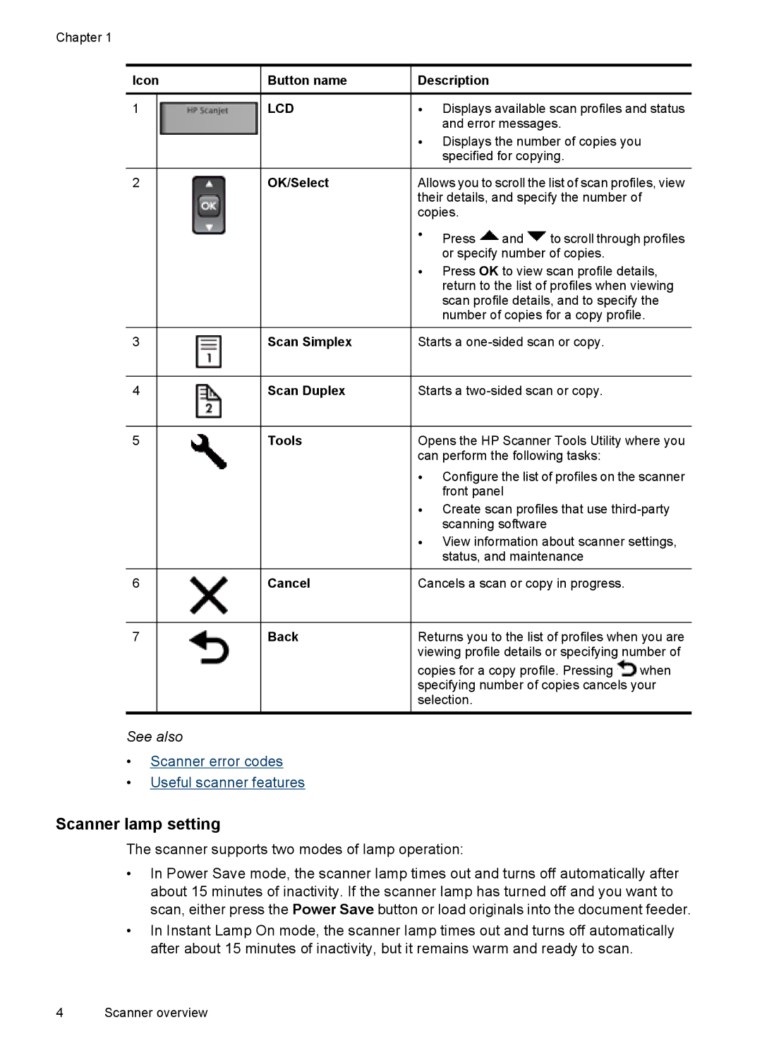 HP 7000 Sheet-feed manual Scanner lamp setting, Lcd 