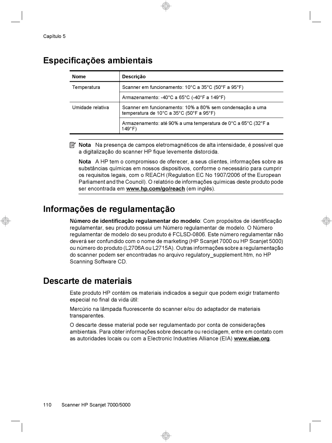 HP 7000 Sheet-feed manual Especificações ambientais, Informações de regulamentação, Descarte de materiais 