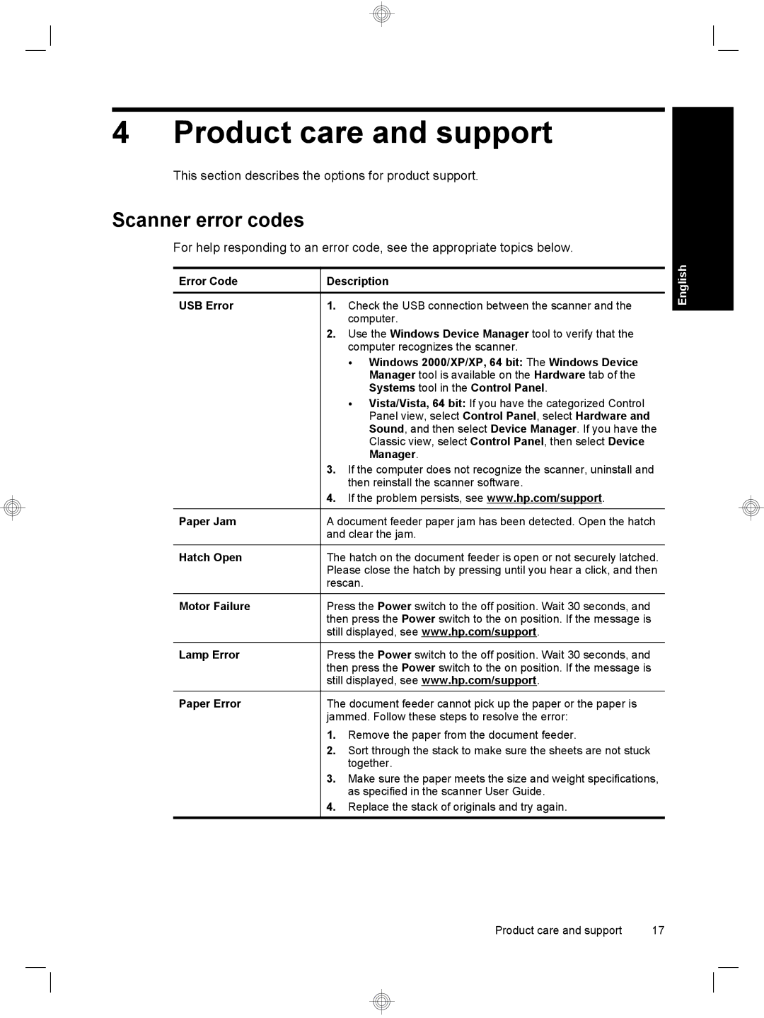 HP 7000 Sheet-feed manual Product care and support, Scanner error codes 