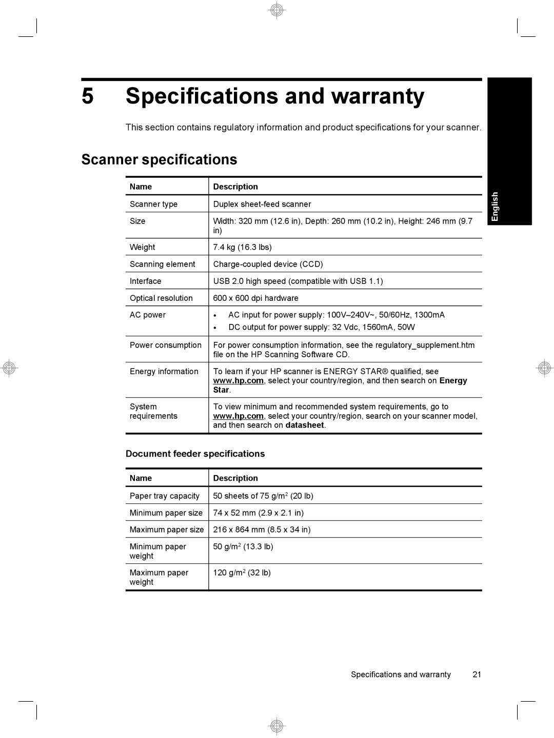 HP 7000 Sheet-feed manual Specifications and warranty, Scanner specifications, Document feeder specifications, Name 