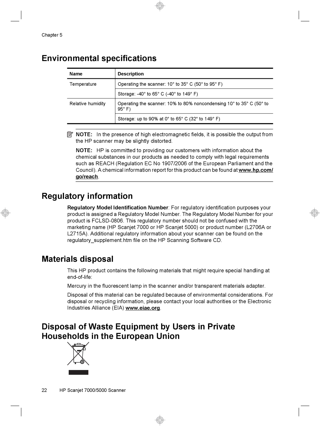 HP 7000 Sheet-feed manual Environmental specifications, Regulatory information, Materials disposal 