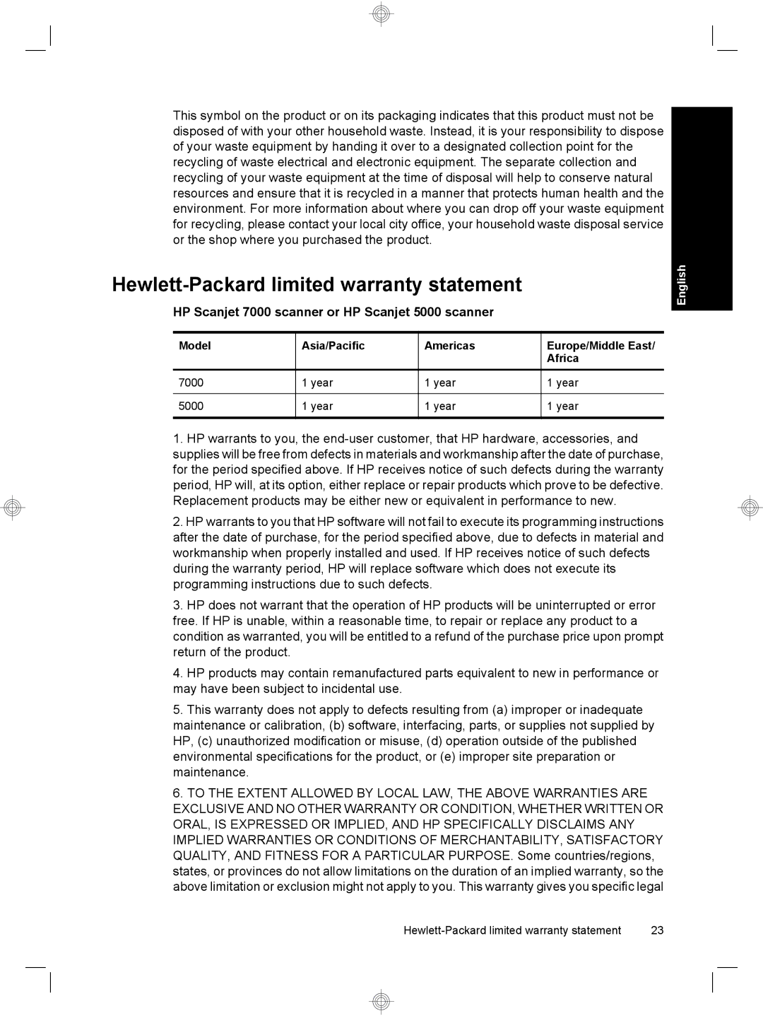 HP 7000 Sheet-feed manual Hewlett-Packard limited warranty statement, HP Scanjet 7000 scanner or HP Scanjet 5000 scanner 