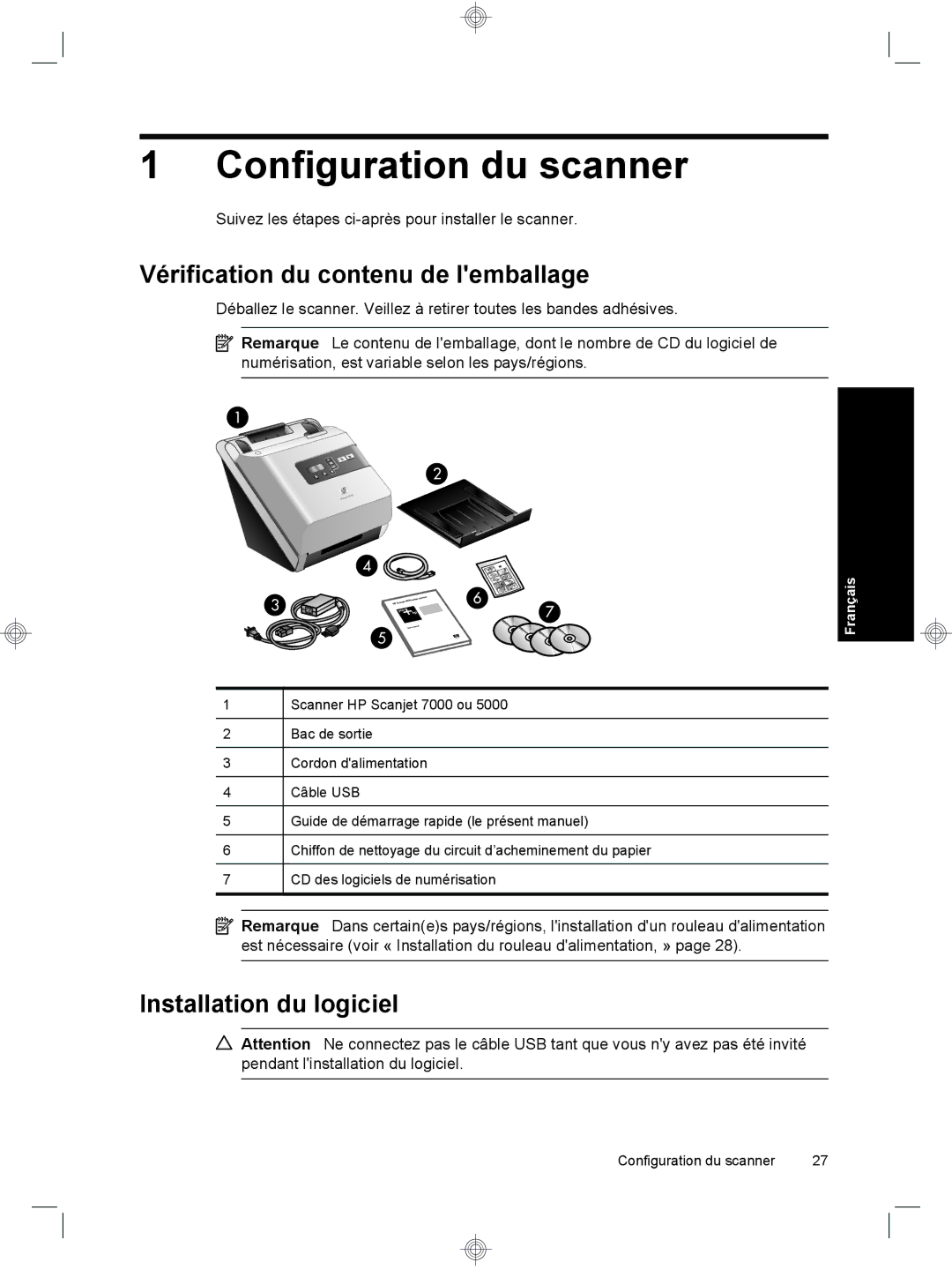 HP 7000 Sheet-feed manual Configuration du scanner, Vérification du contenu de lemballage, Installation du logiciel 