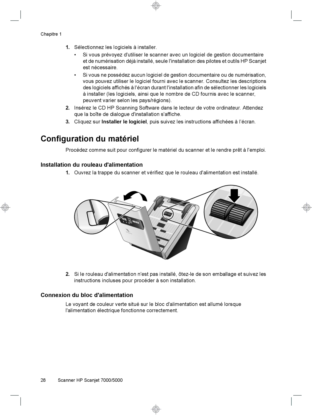 HP 7000 Sheet-feed manual Configuration du matériel, Installation du rouleau dalimentation, Connexion du bloc dalimentation 