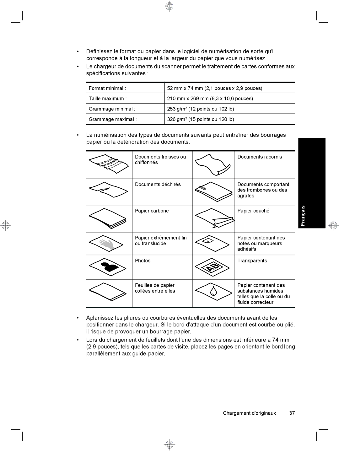 HP 7000 Sheet-feed manual Chargement doriginaux 