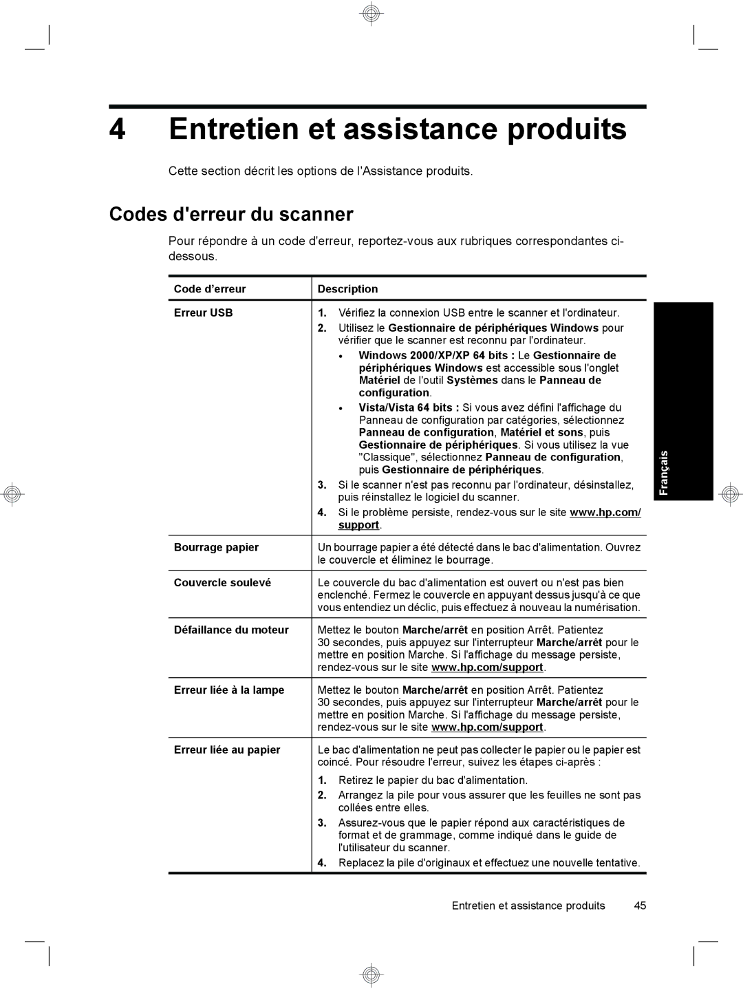 HP 7000 Sheet-feed manual Entretien et assistance produits, Codes derreur du scanner 