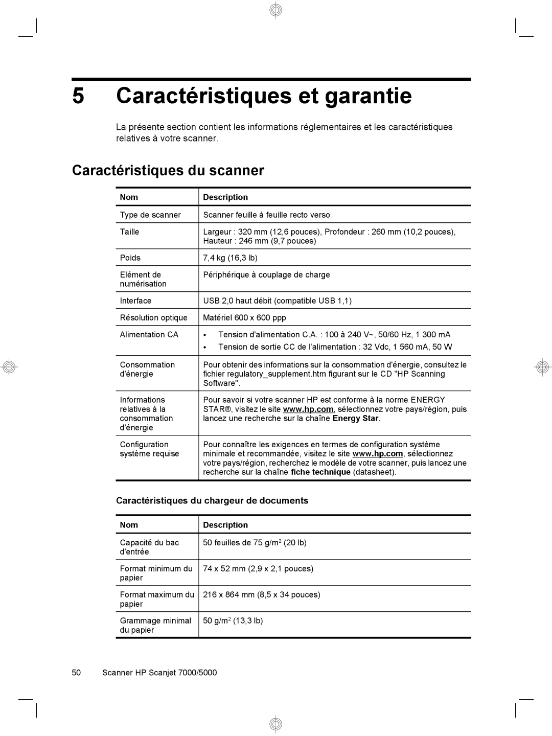 HP 7000 Sheet-feed Caractéristiques et garantie, Caractéristiques du scanner, Caractéristiques du chargeur de documents 