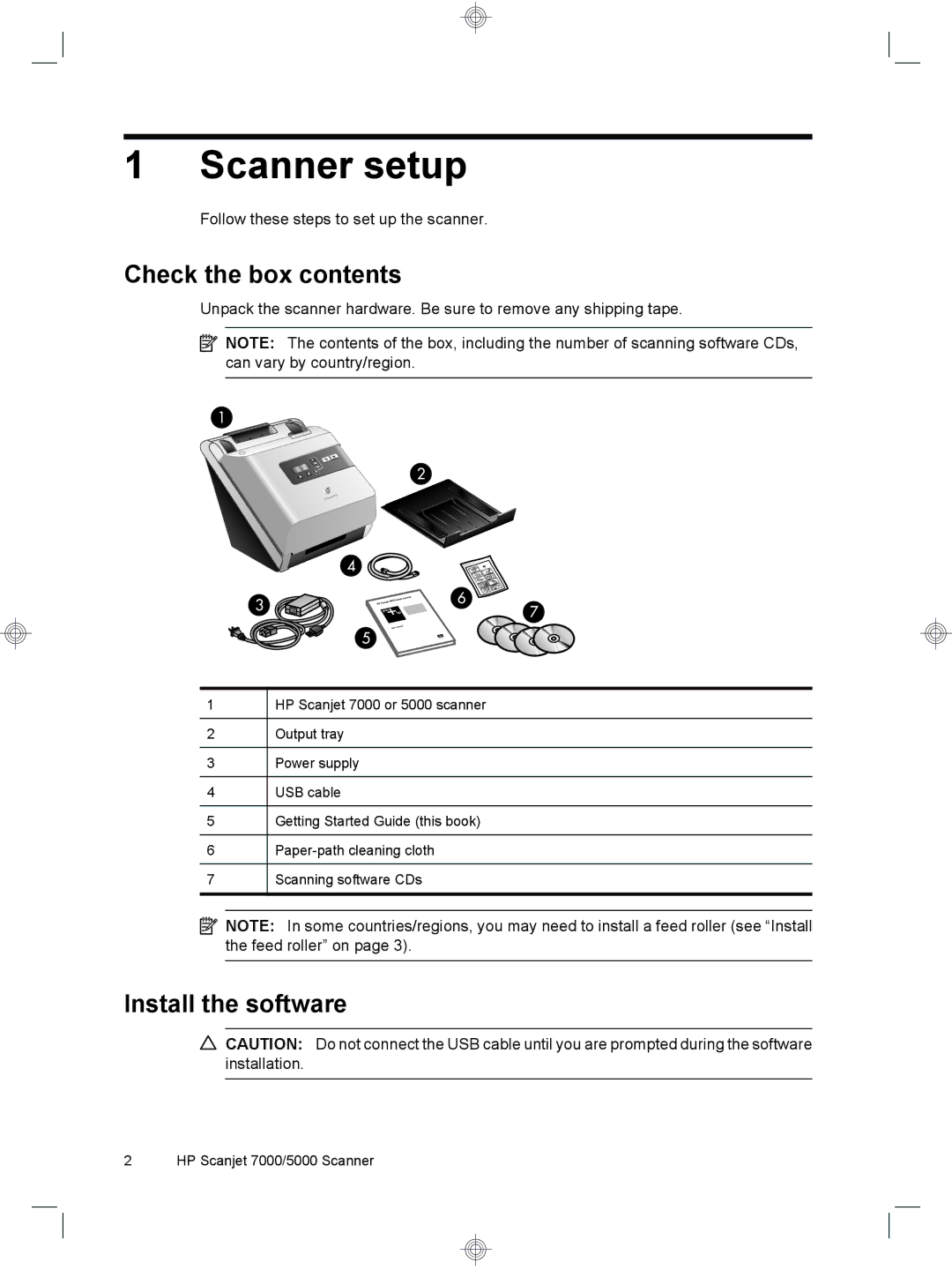 HP 7000 Sheet-feed manual Scanner setup, Check the box contents, Install the software 