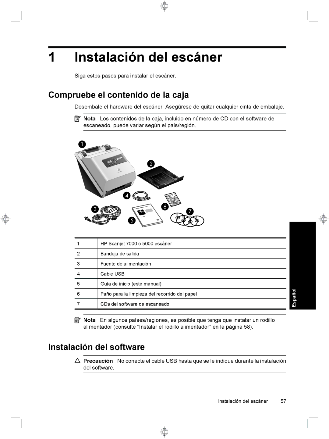 HP 7000 Sheet-feed manual Instalación del escáner, Compruebe el contenido de la caja, Instalación del software 