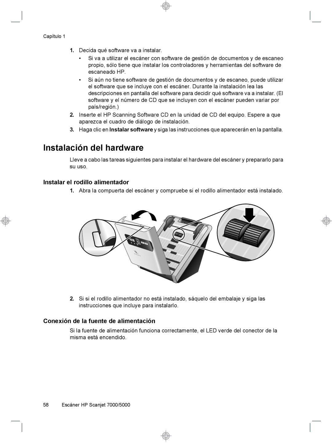 HP 7000 Sheet-feed manual Instalación del hardware, Instalar el rodillo alimentador, Conexión de la fuente de alimentación 