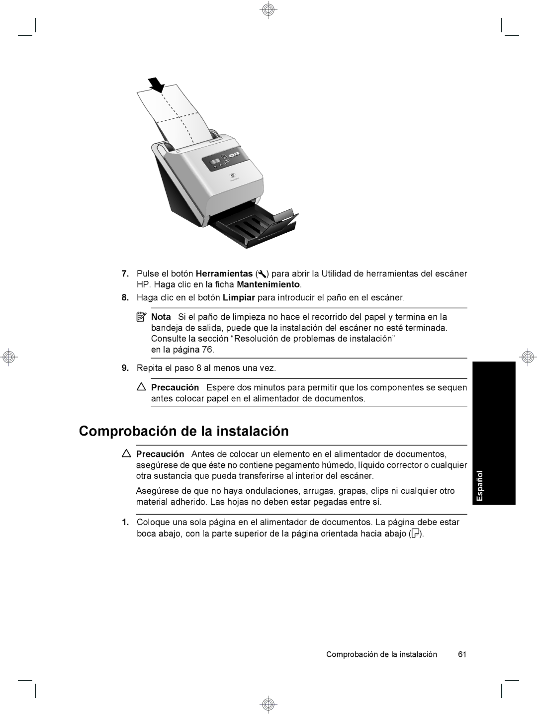 HP 7000 Sheet-feed manual Comprobación de la instalación 