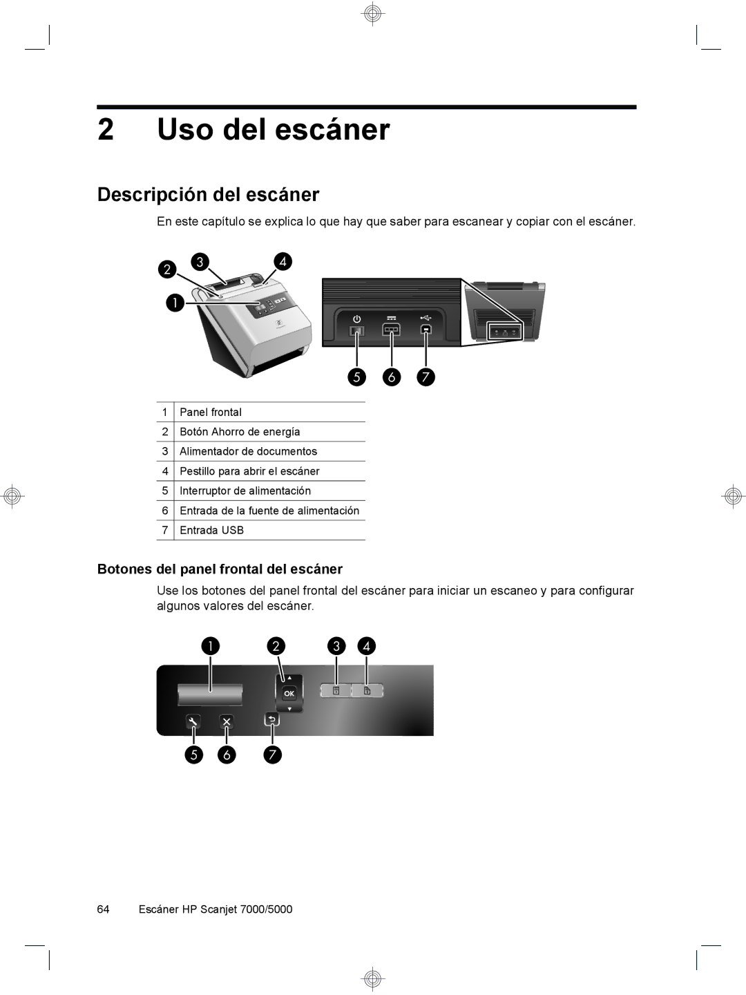 HP 7000 Sheet-feed manual Uso del escáner, Descripción del escáner, Botones del panel frontal del escáner 