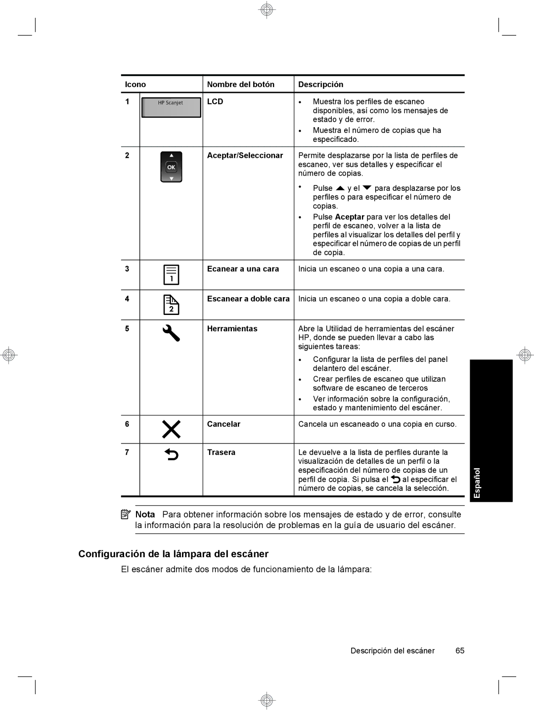 HP 7000 Sheet-feed manual Configuración de la lámpara del escáner 