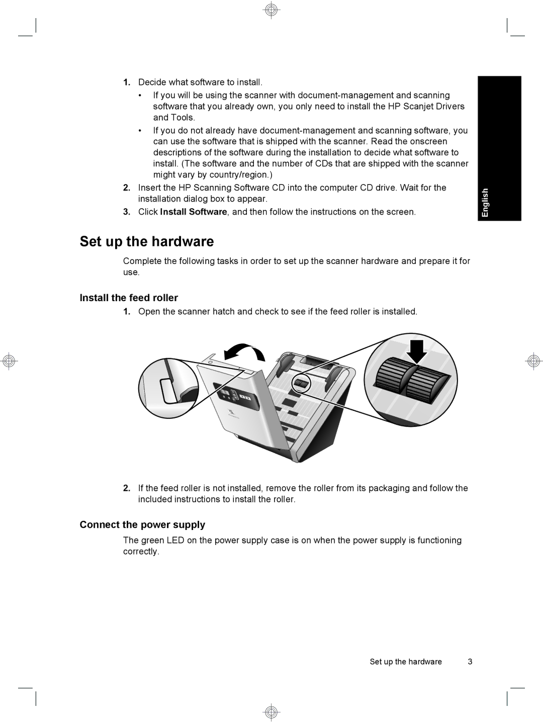 HP 7000 Sheet-feed manual Set up the hardware, Install the feed roller, Connect the power supply 