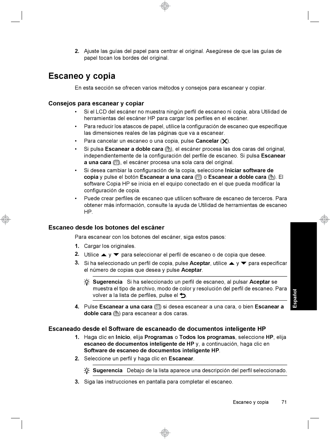 HP 7000 Sheet-feed manual Escaneo y copia, Consejos para escanear y copiar, Escaneo desde los botones del escáner 