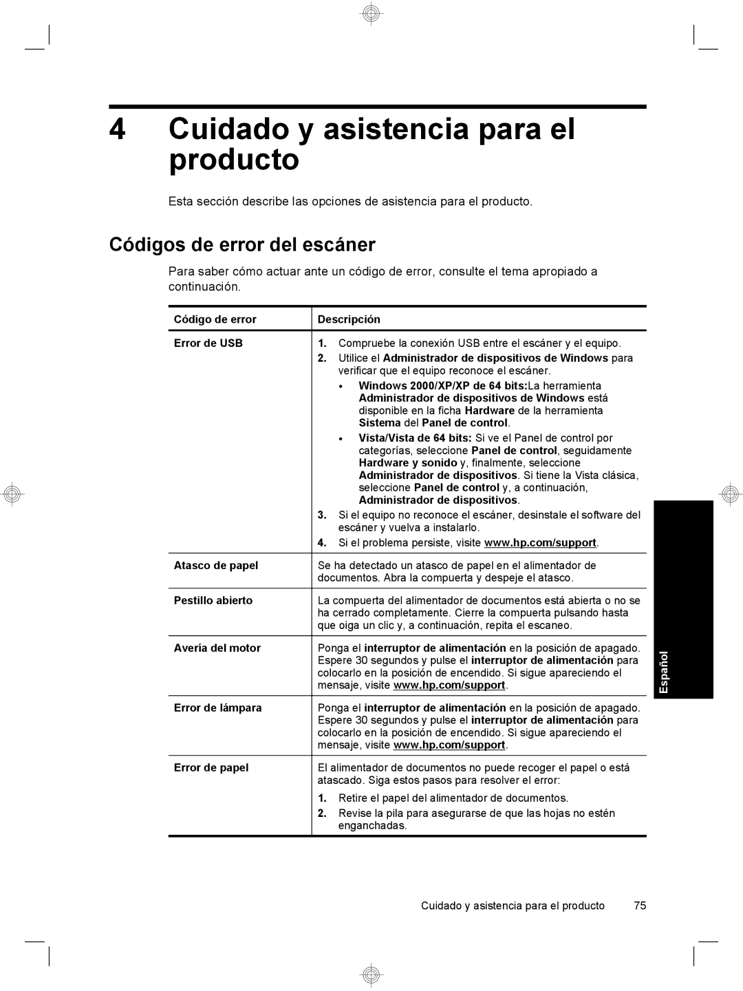 HP 7000 Sheet-feed manual Cuidado y asistencia para el producto, Códigos de error del escáner 