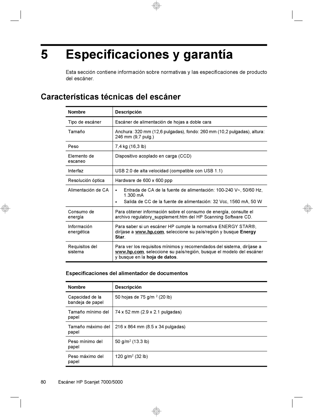 HP 7000 Sheet-feed manual Especificaciones y garantía, Características técnicas del escáner, Nombre 