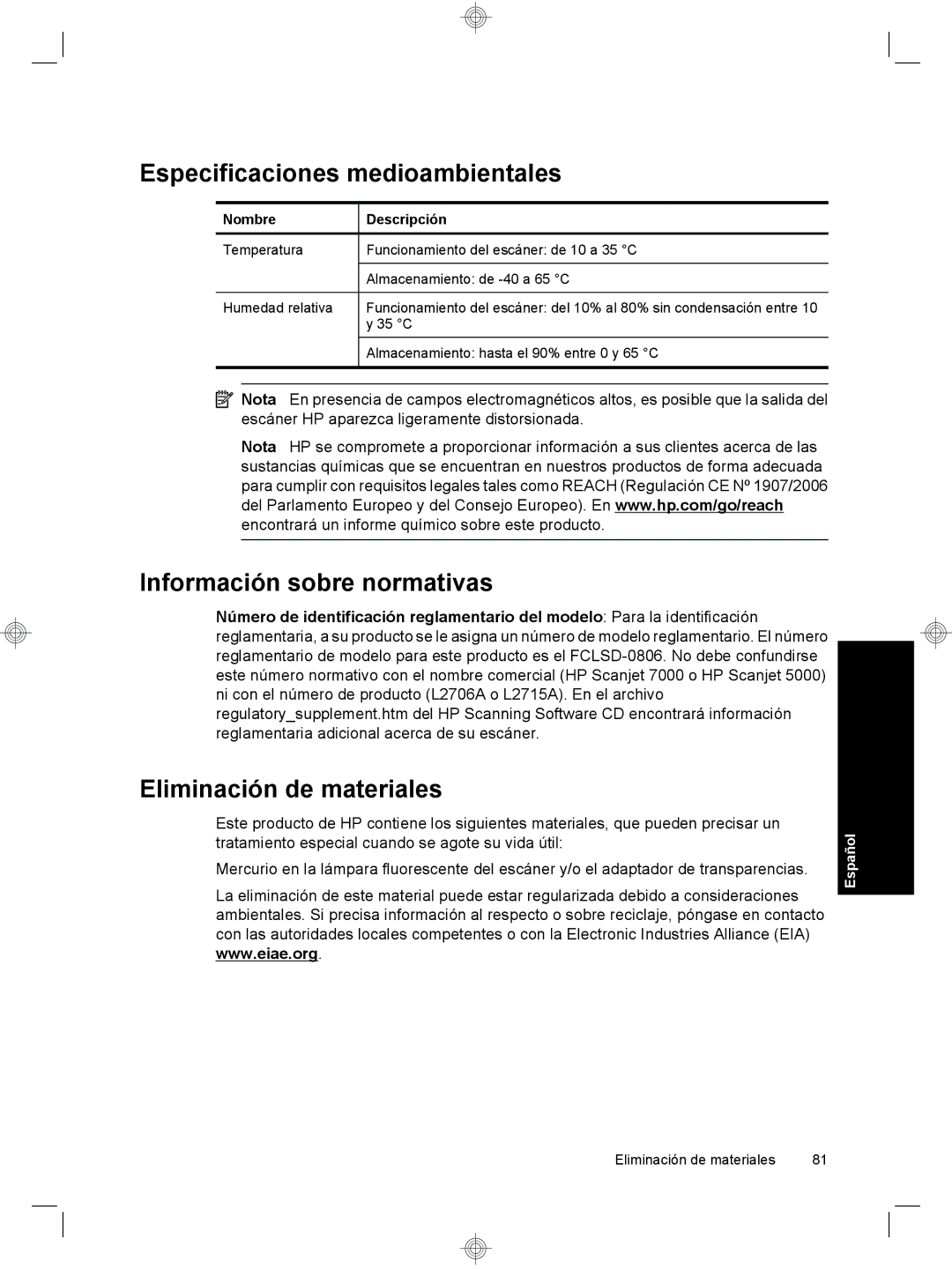 HP 7000 Sheet-feed manual Especificaciones medioambientales, Información sobre normativas, Eliminación de materiales 