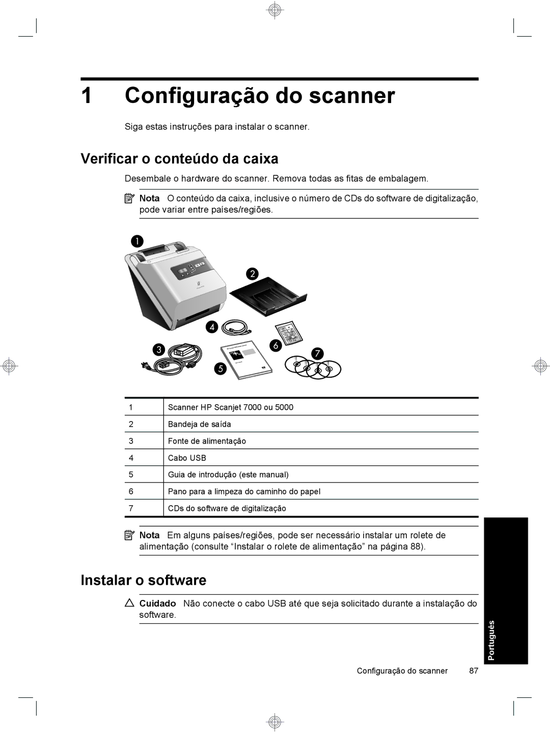 HP 7000 Sheet-feed manual Configuração do scanner, Verificar o conteúdo da caixa, Instalar o software 