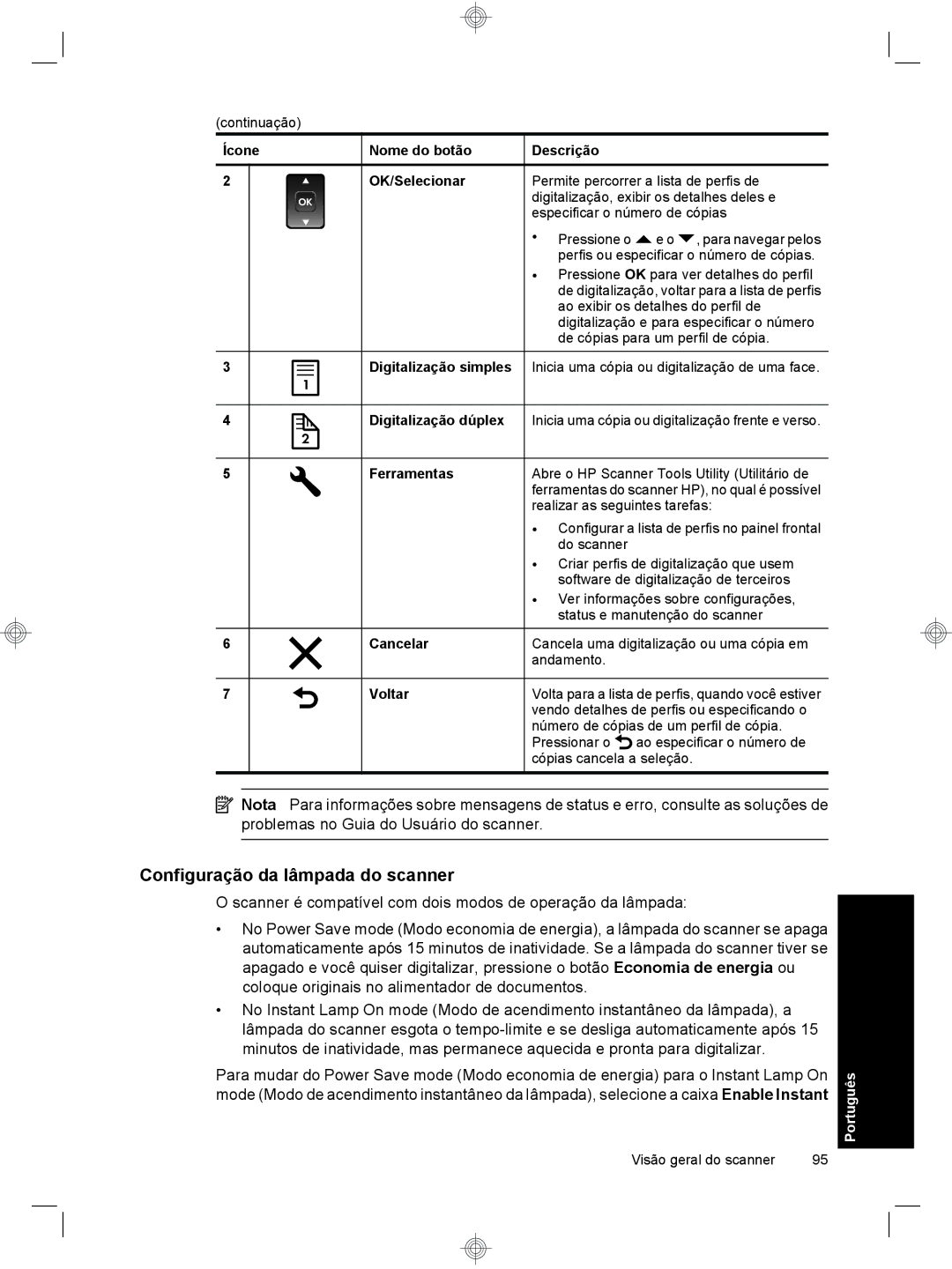 HP 7000 Sheet-feed manual Configuração da lâmpada do scanner 