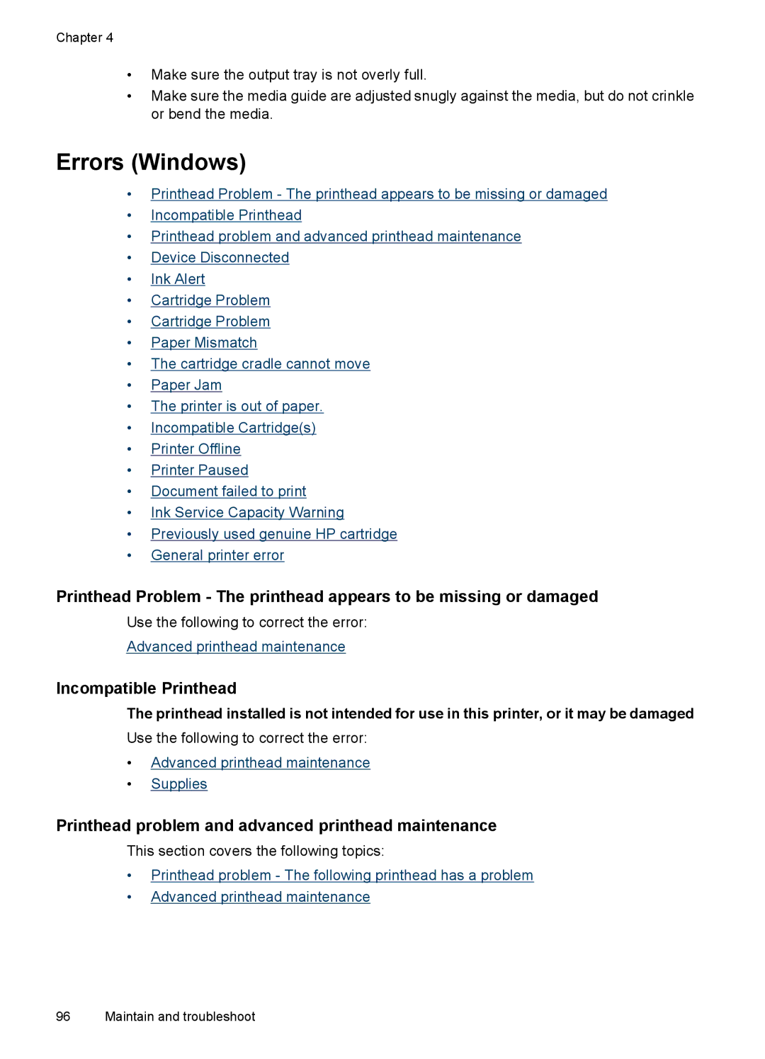 HP 7000 manual Errors Windows, Incompatible Printhead, Printhead problem and advanced printhead maintenance 