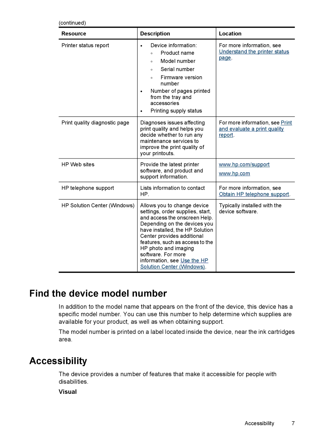 HP 7000 manual Find the device model number, Accessibility, Visual 