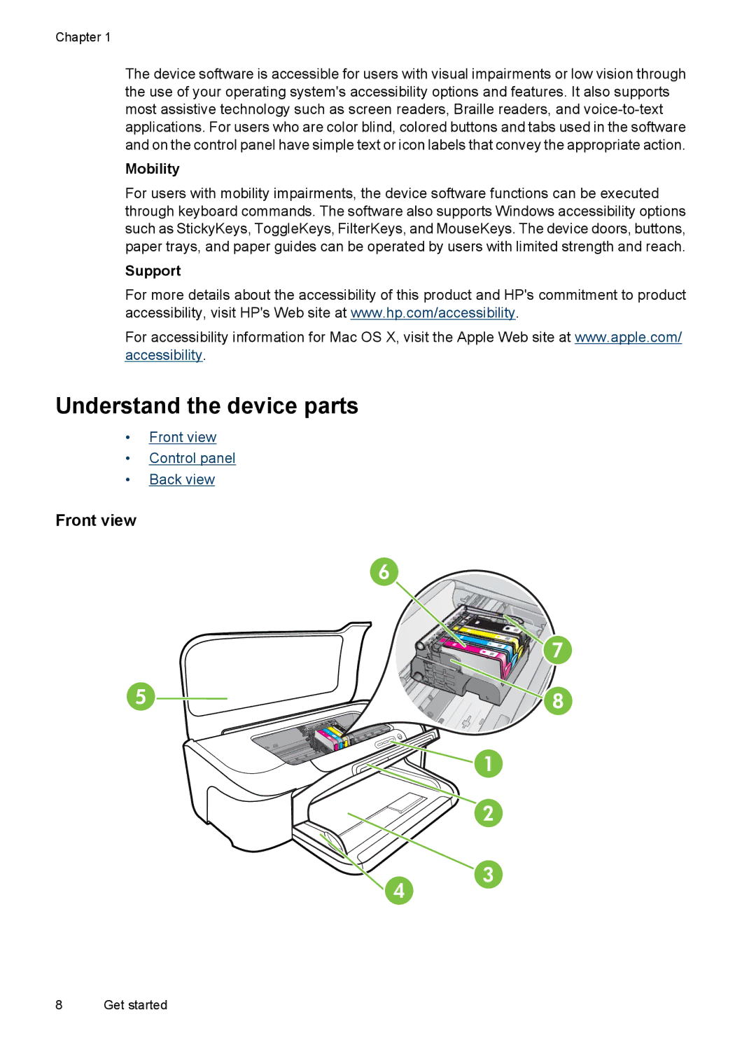 HP 7000 manual Understand the device parts, Front view, Mobility, Support 