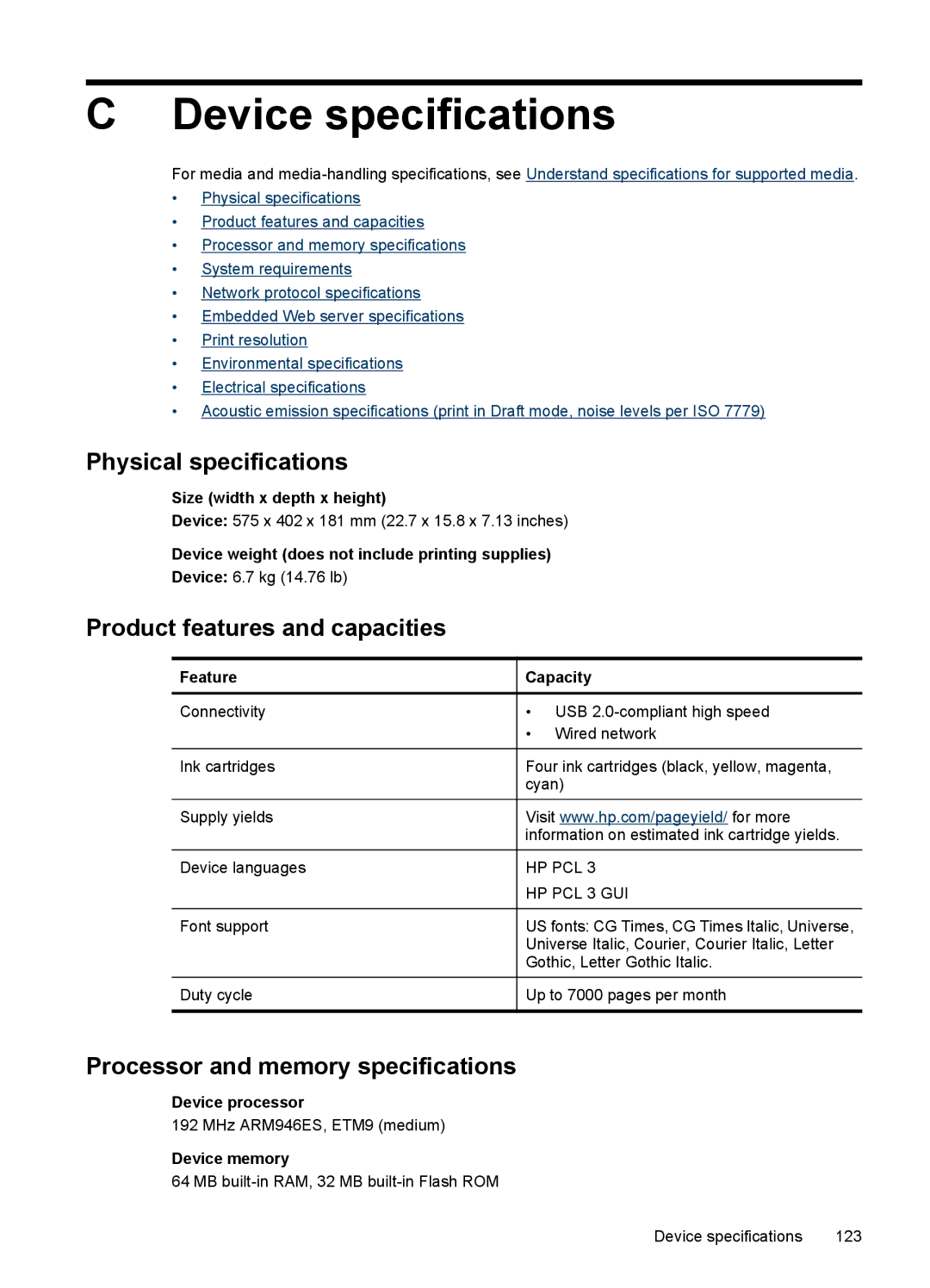 HP 7000 manual Device specifications 