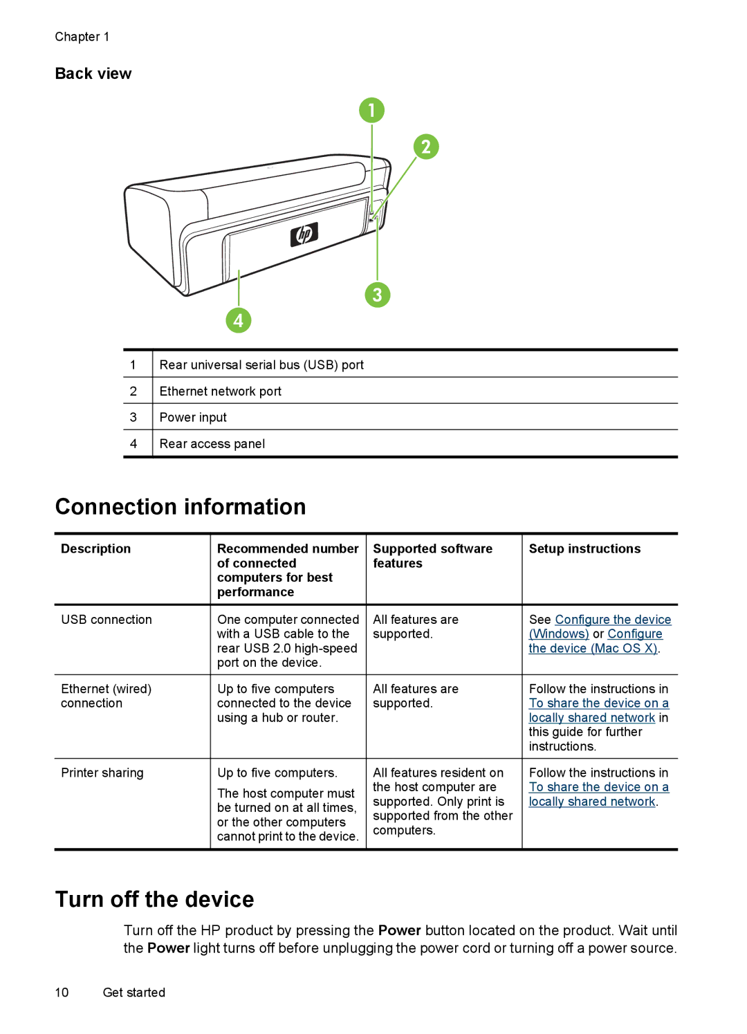 HP 7000 manual Connection information, Turn off the device, Back view 