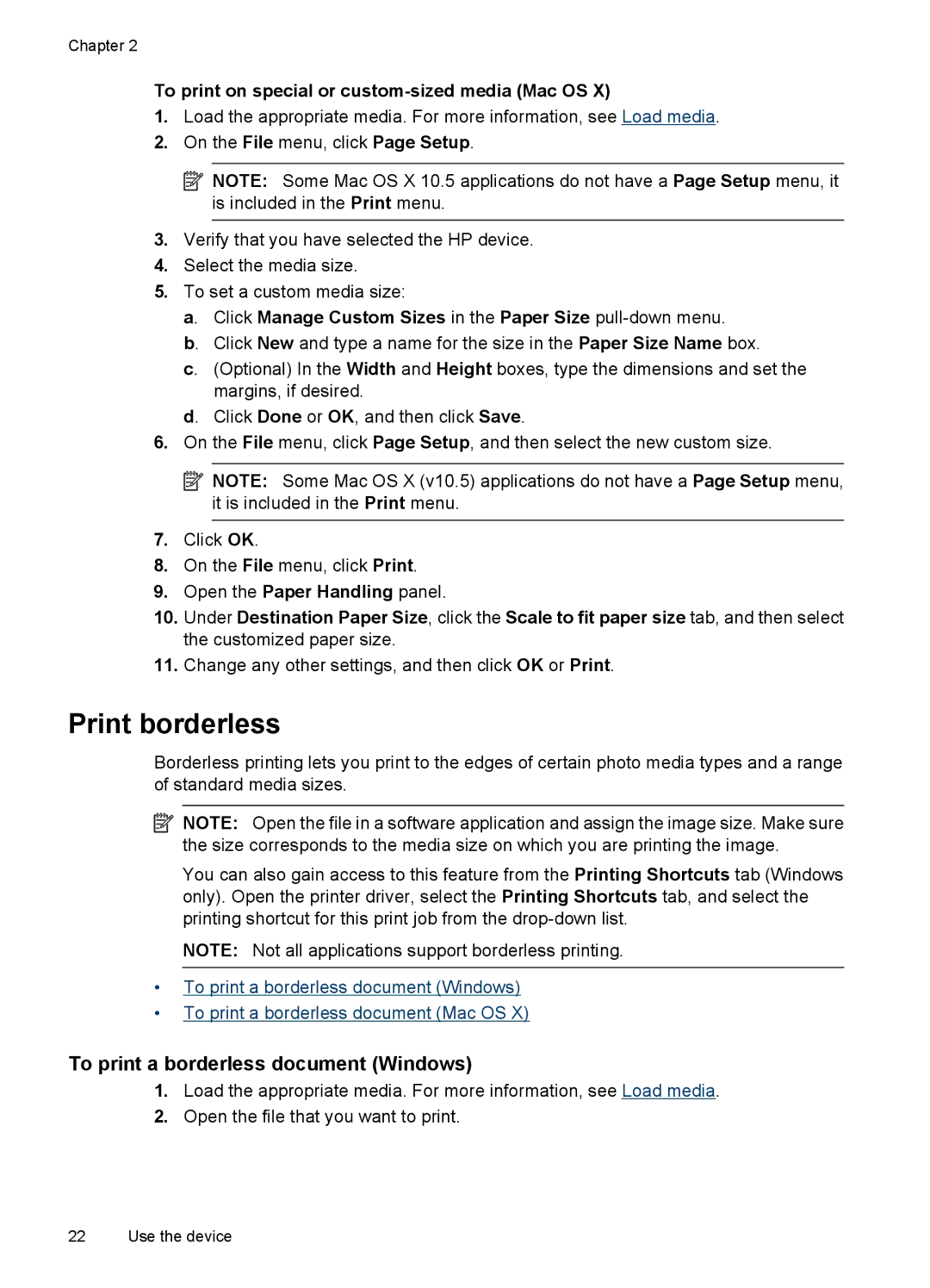 HP 7000 manual Print borderless, To print a borderless document Windows, To print on special or custom-sized media Mac OS 