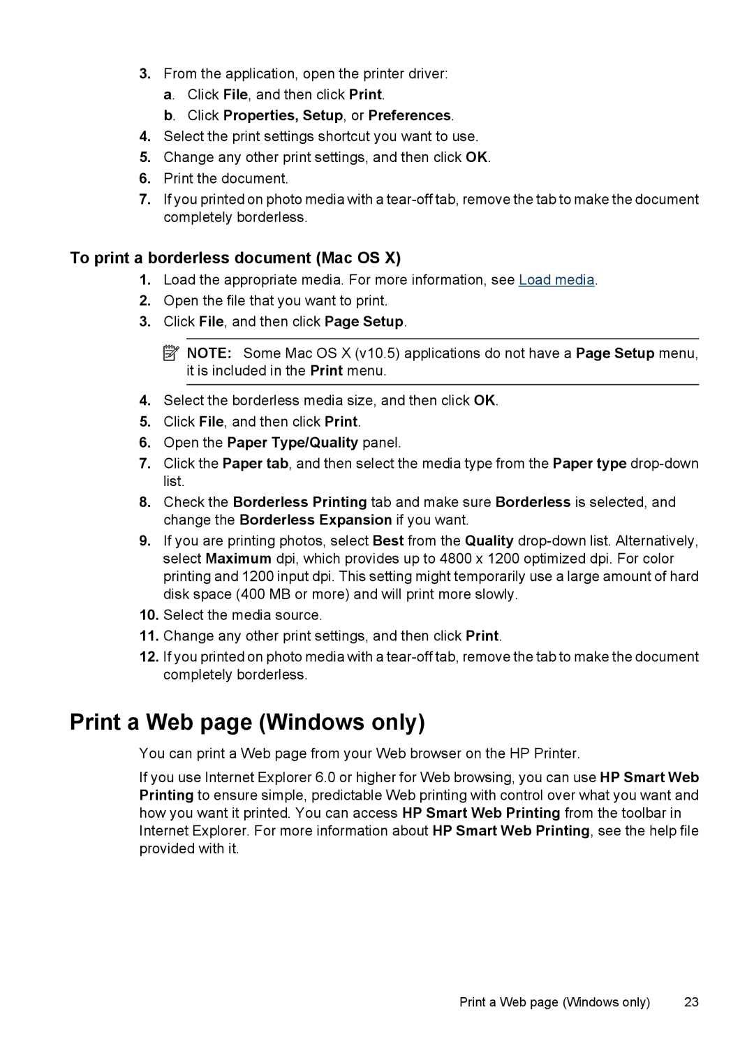 HP 7000 Print a Web page Windows only, To print a borderless document Mac OS, Click Properties, Setup, or Preferences 