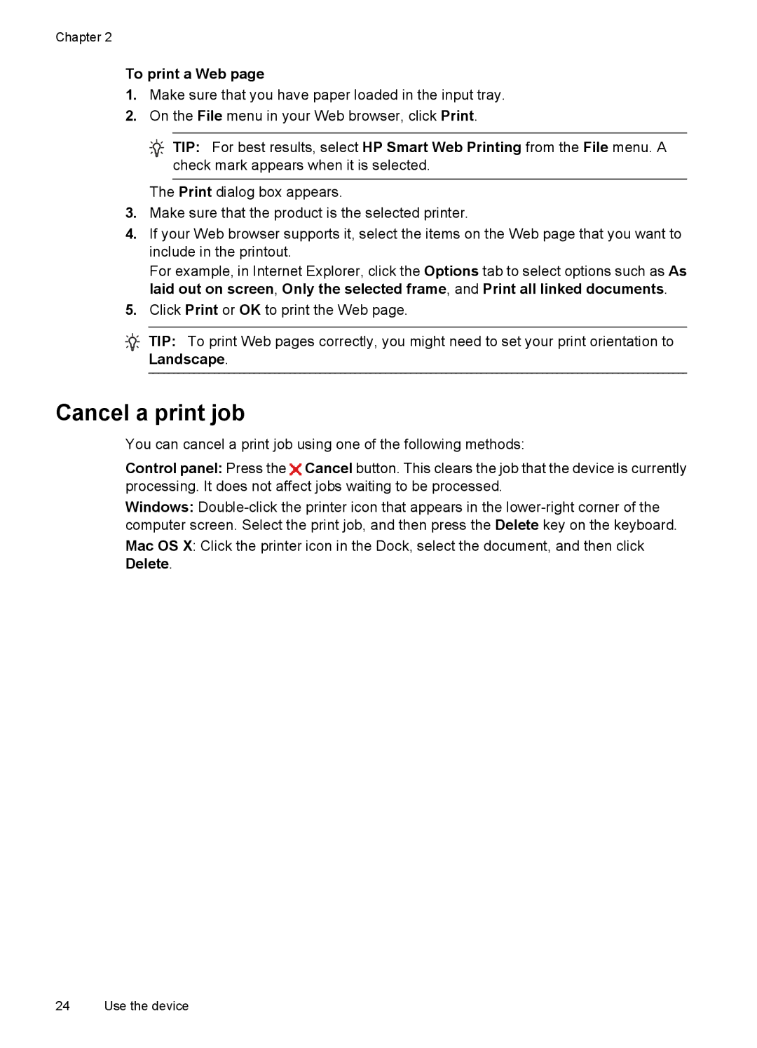 HP 7000 manual Cancel a print job, To print a Web 