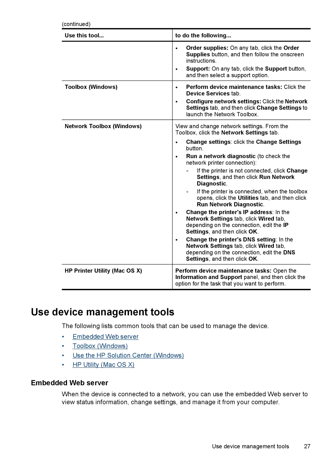 HP 7000 manual Use device management tools, Embedded Web server 