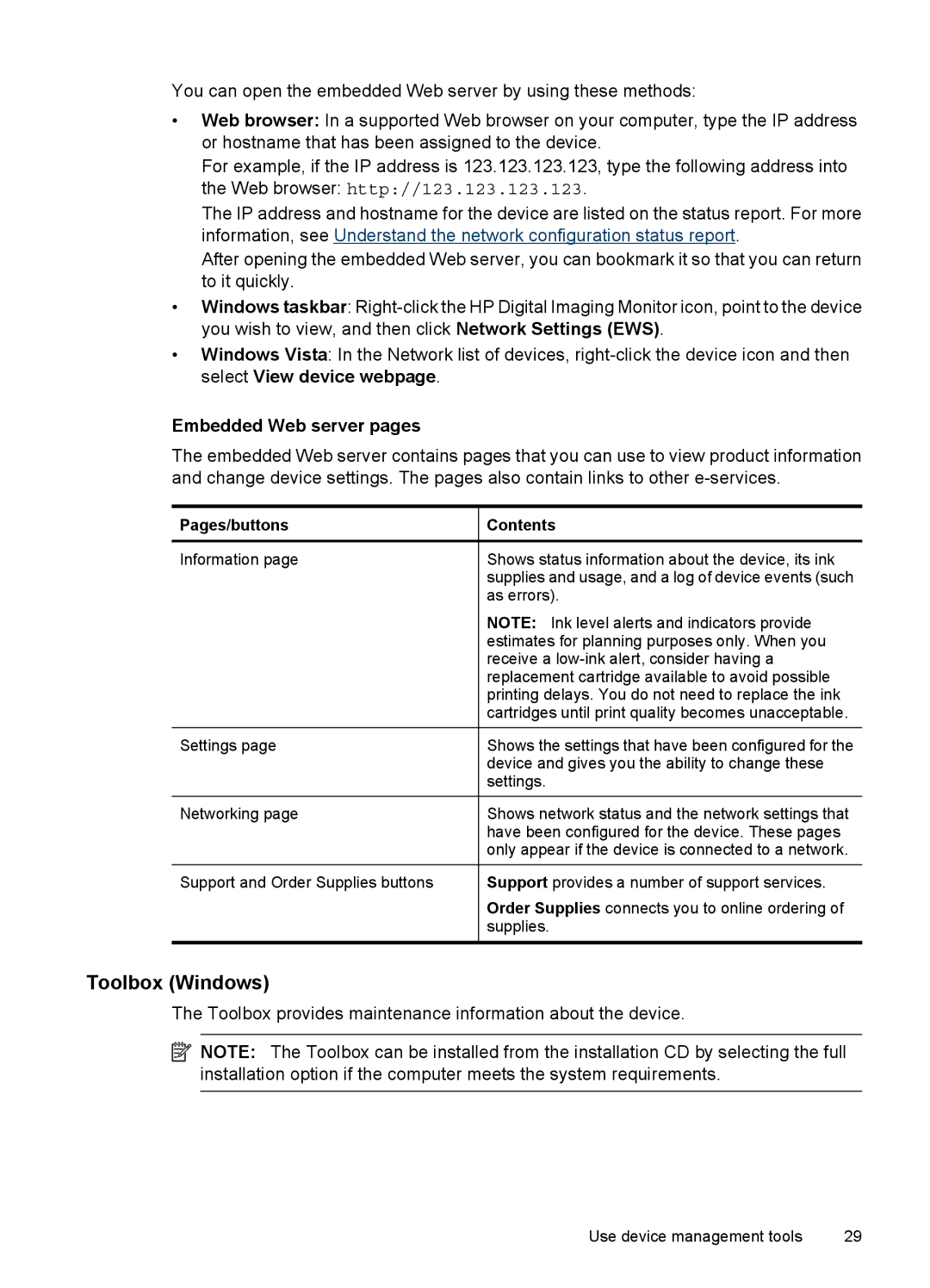 HP 7000 manual Toolbox Windows, Embedded Web server pages 