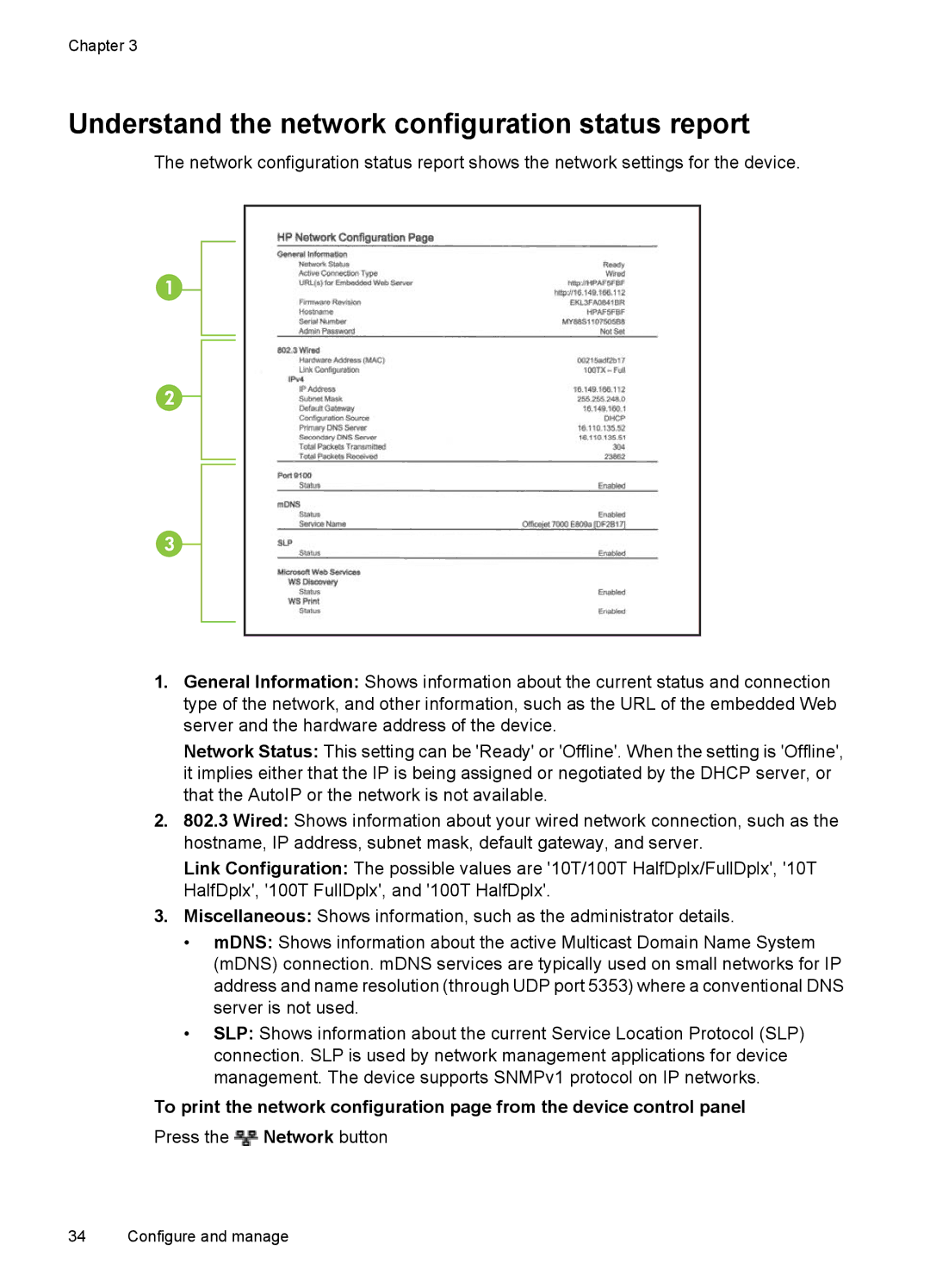 HP 7000 manual Understand the network configuration status report 