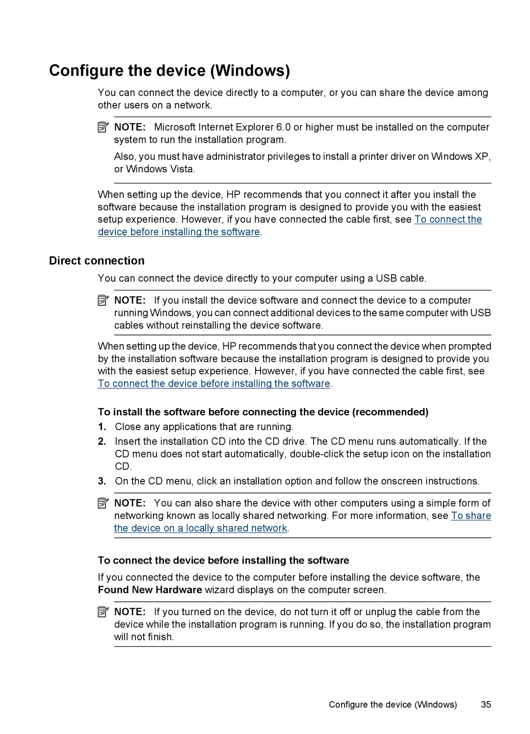 HP 7000 manual Configure the device Windows, Direct connection, To connect the device before installing the software 