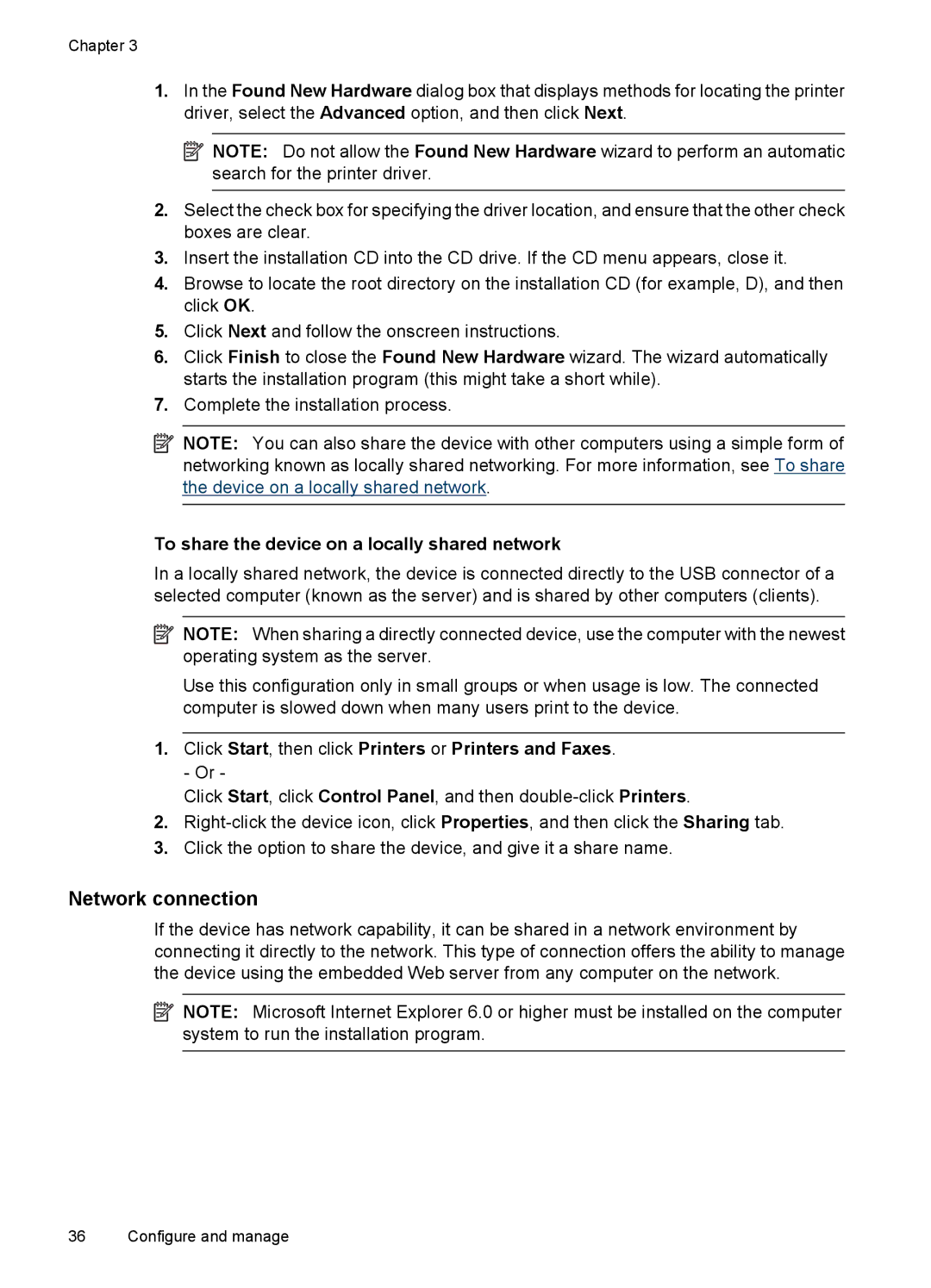 HP 7000 manual Network connection, To share the device on a locally shared network 