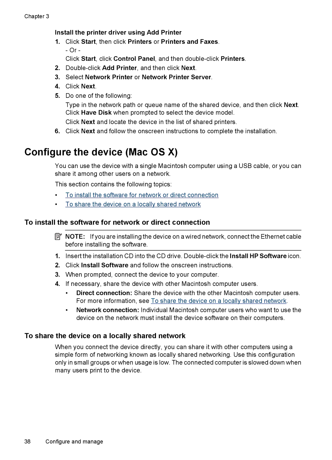 HP 7000 manual Configure the device Mac OS, To install the software for network or direct connection 